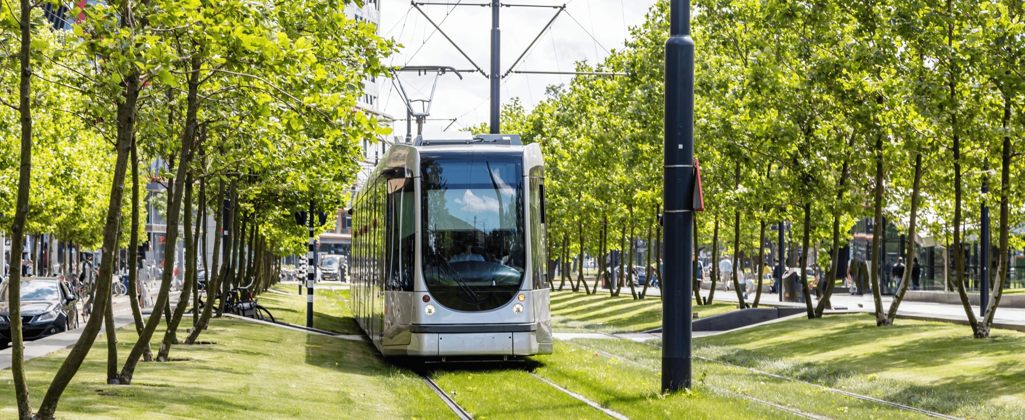 Straßenbahn in sauberer, grüner Gegend
